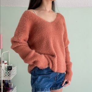 Fuzzy salmon v-neck sweater